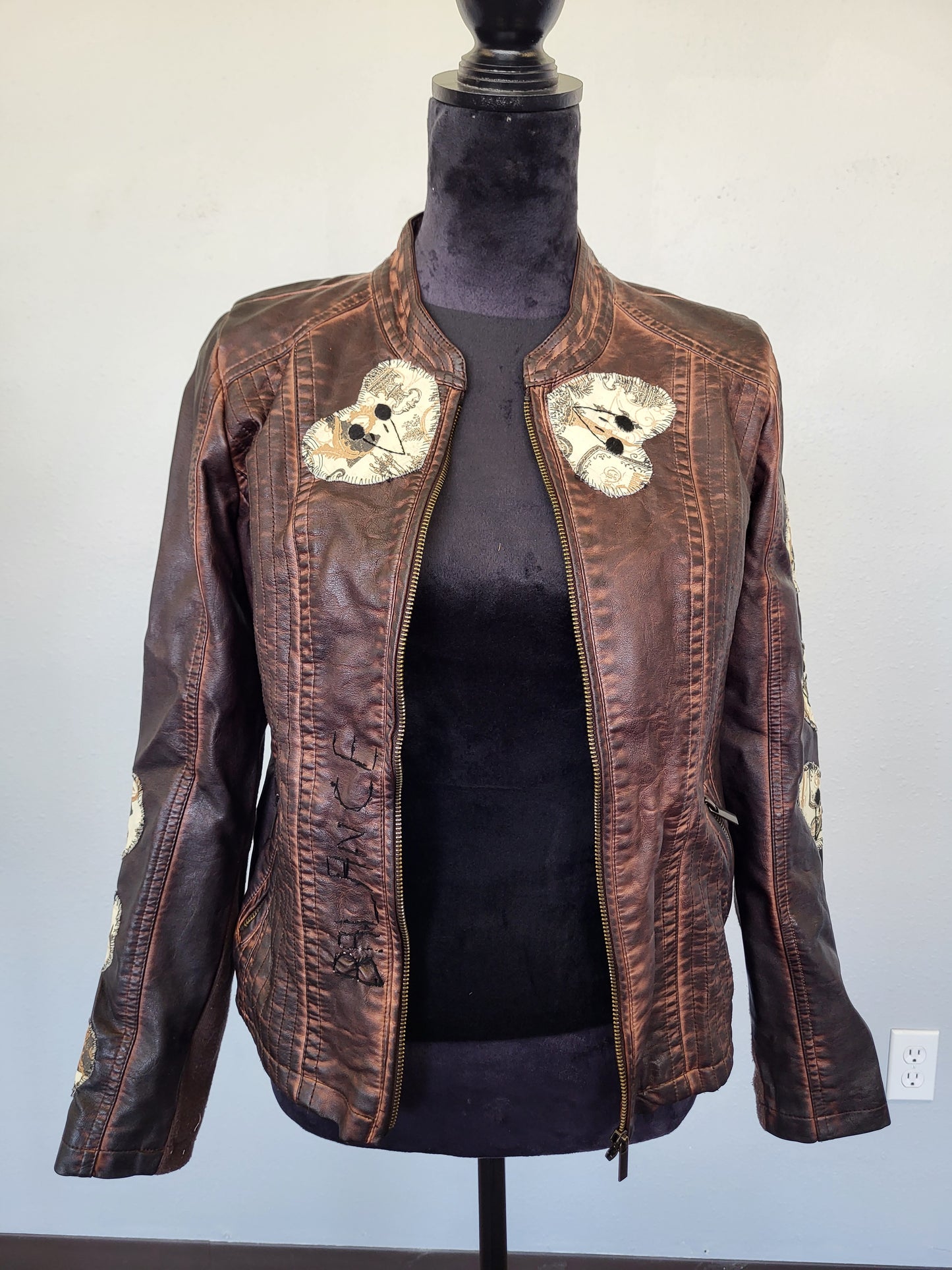 Upcycled women's faux leather jacket with patches and red beading size medium- one of a kind