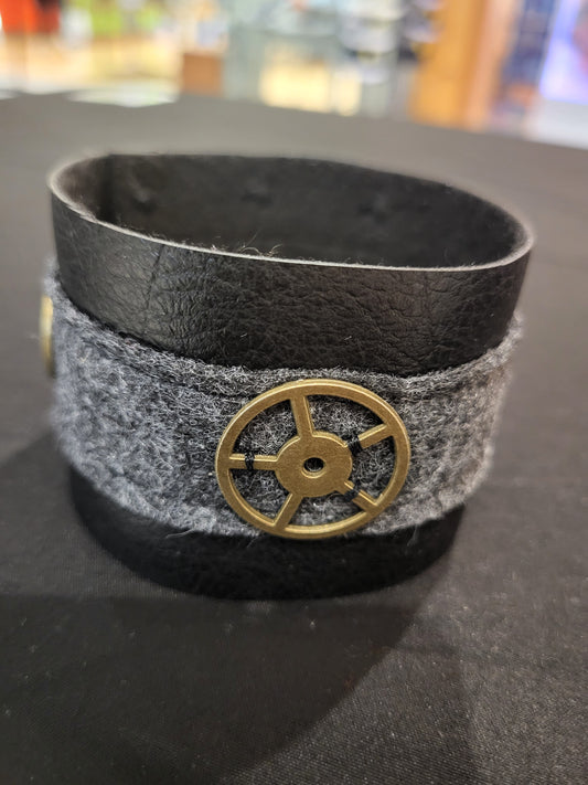 Handmade steampunk Faux leather and wool felt fabric cuff bracelet #1