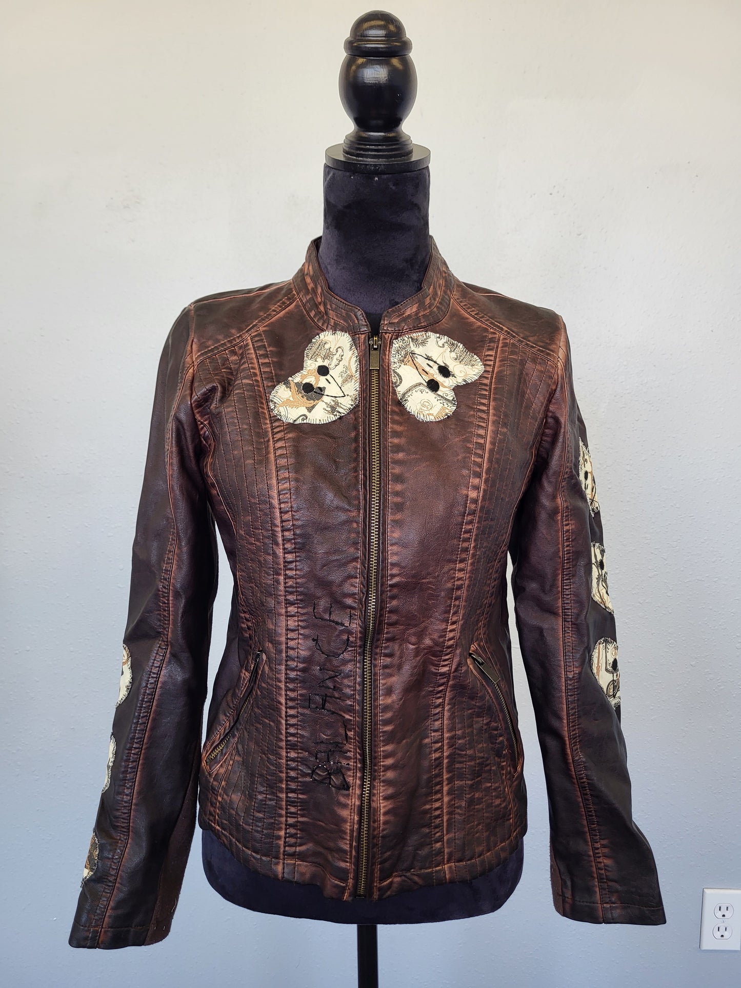 Upcycled women's faux leather jacket with patches and red beading size medium- one of a kind